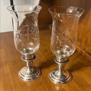 Simply Lovely Pair of Empire Sterling Weighted Candlesticks with Grape Etched